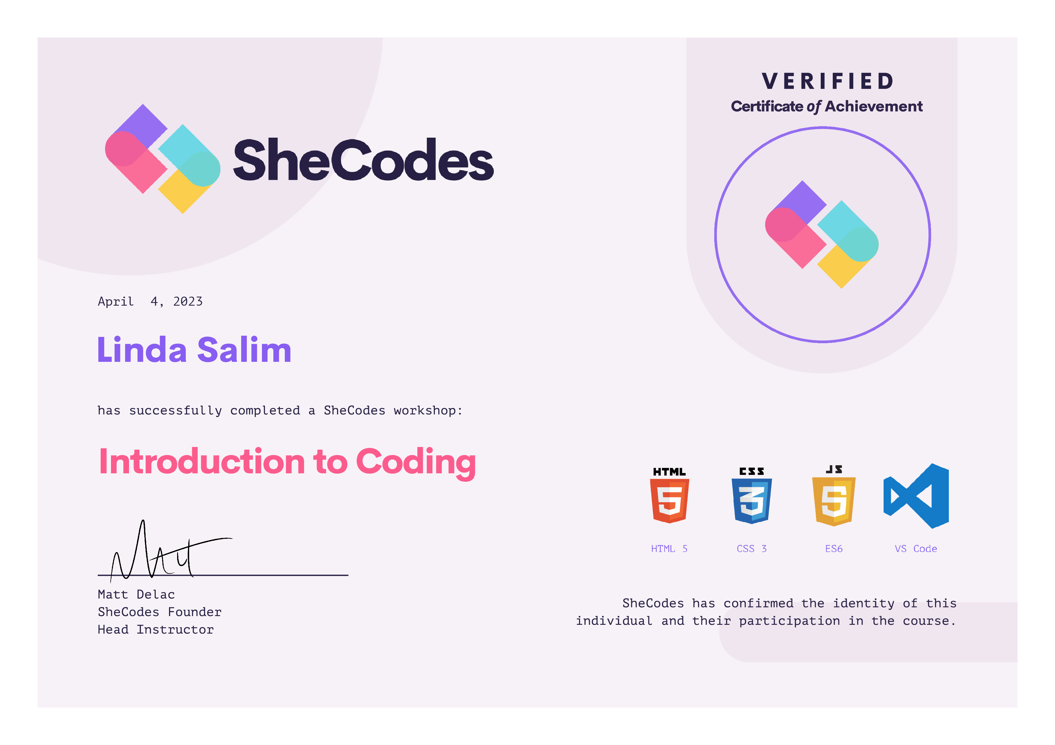 SheCodes Basic Certificate